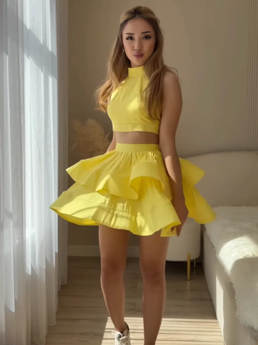 

2026 Women Yellow Halter Backless Crop Top + Tiered Mini Skirt 2 Piece Summer Outfits
