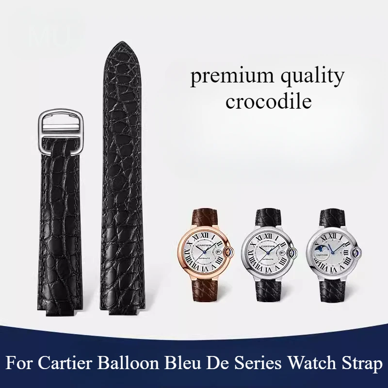 

Men's Wear-resistant Durable Genuine Leather Watchband for Cartier Balloon Bleu De Series Convex Interface Soft Crocodile Strap