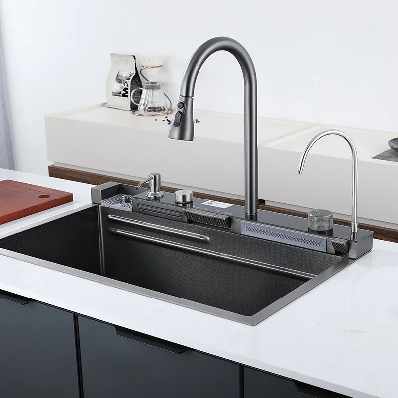 2023 New trend Tiktok smart kitchen sink with waterfall digital piano key 304 stainless steel multi-functional kitchen sinks