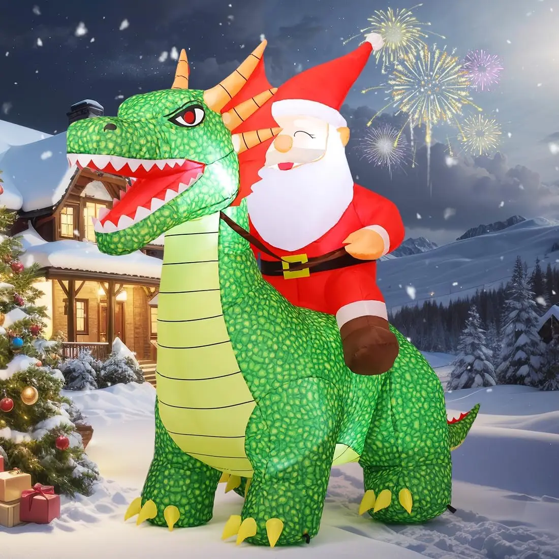 7.2 FT Christmas Inflatable Santa Riding Dinosaur Hot Sale Blow up Santa Claus Outdoor Christmas Decorations with Built-in LEDs