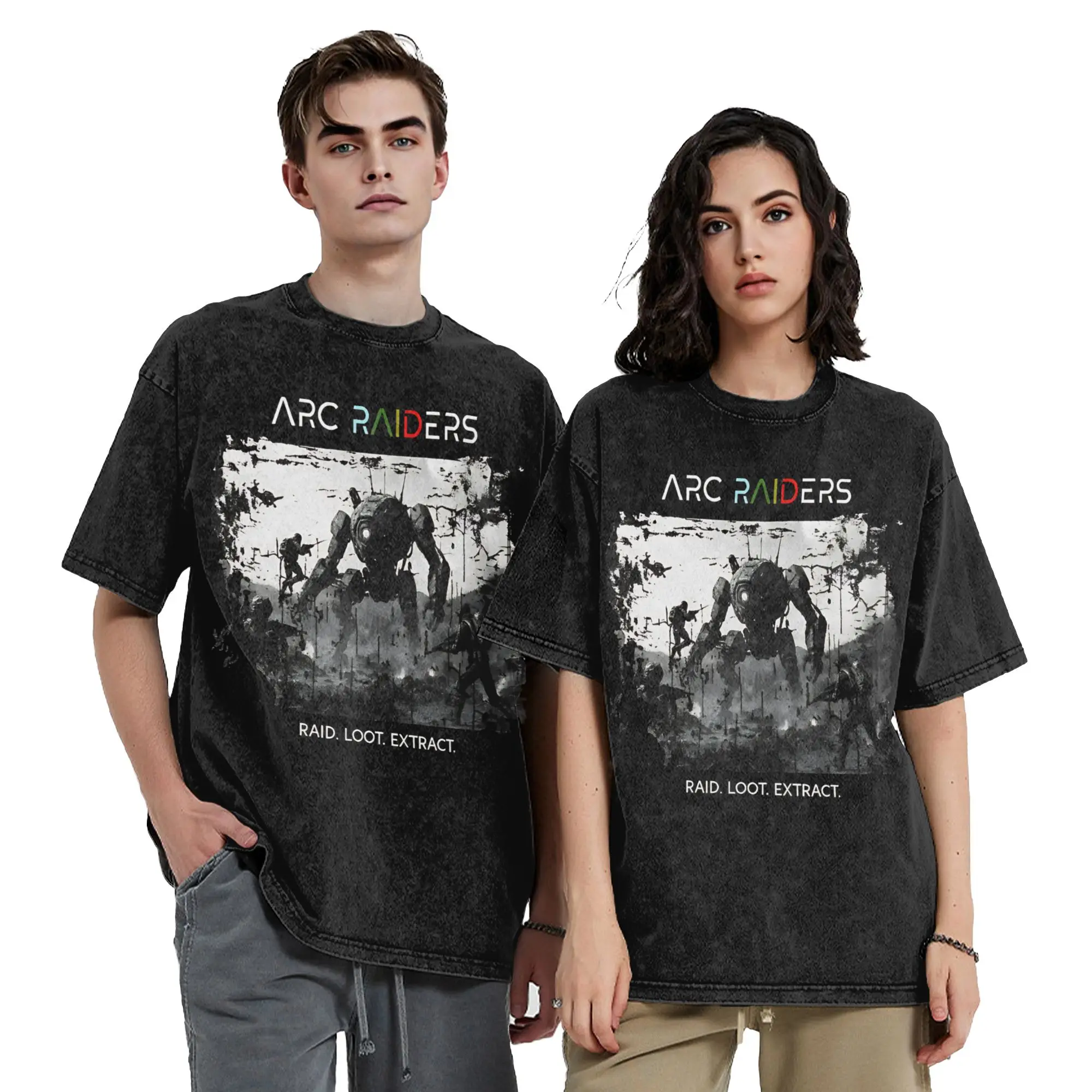 Leisure Arc Raiders Robots Vintage Washed T-Shirt Men Round Neck Short Sleeve Tops  Cotton Summer TopsTops