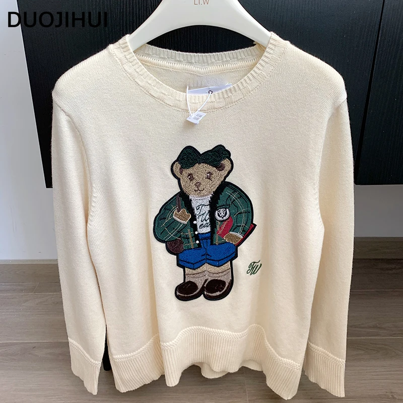 DUOJIHUI New Chic Embroidery Knitting Sweater Women Pullovers Autumn Basic Solid Color Loose Simple Long Sleeves Female Pullover