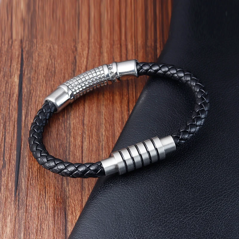 Luxury Vintage Handmade Leather Braid Men Bracelet Stainless Steel Buckle Business Men\'s Bangles For Friend Partner Lovers Gift