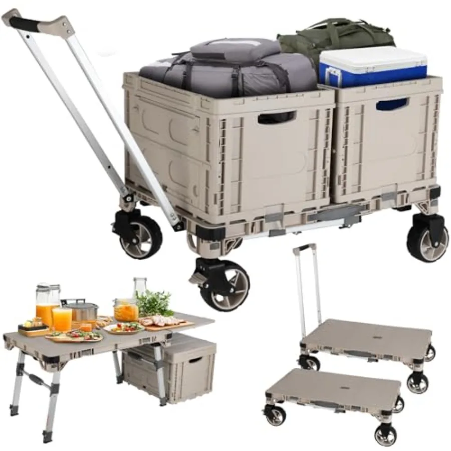 

Foldable Camping Table Cart 3-in-1 Convertible Utility Wagon with 2 Lockable Storage Boxes 360 Rotating Wheels Adjustable Legs