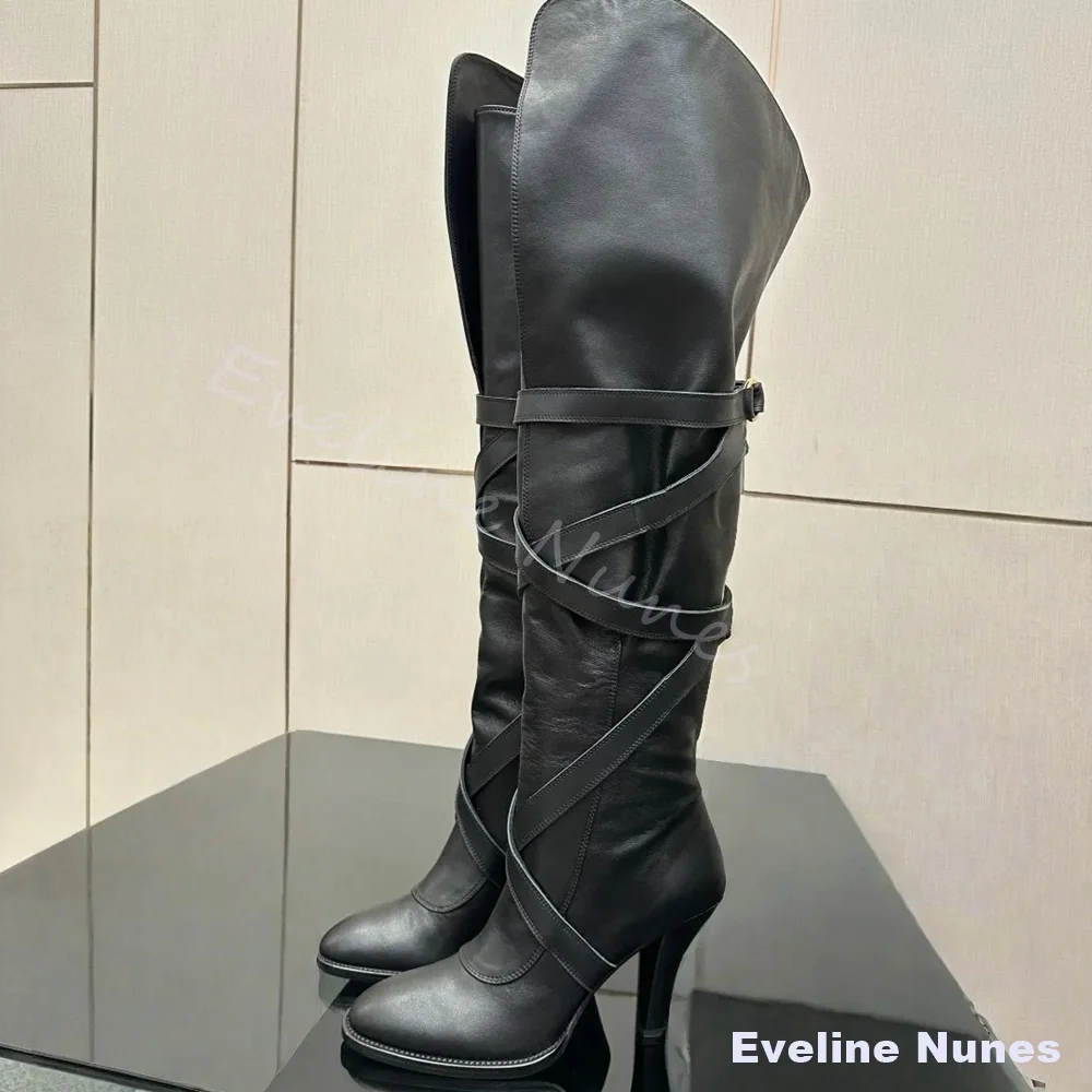 Women Black Over The Knee Boots Pointed Toe Multi Wrap Strap Buckle Stiletto Leather Tall Boots Fashion Nightclub Dress Heels