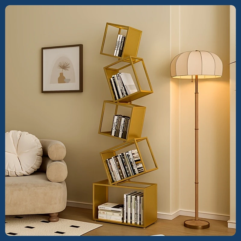 Vertikales Eck-Bücherregal – mehrstöckiges Schmiedeeisen-Ausstellungsregal mit kariertem Design, modernes Wohnzimmer-Aufbewahrungseinheit, Regal