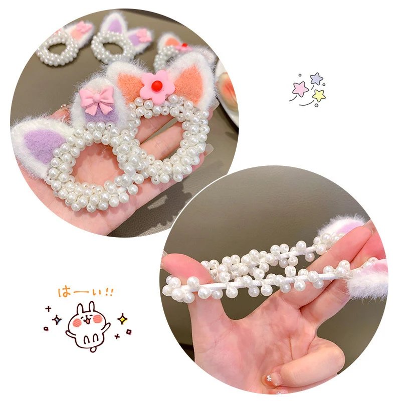 New Cute Cartoon Ear Hair Rope Pearl Elastic Hair Bands Headbands Girls Sweet Flower Headwear Hair accessories Kids Ornaments