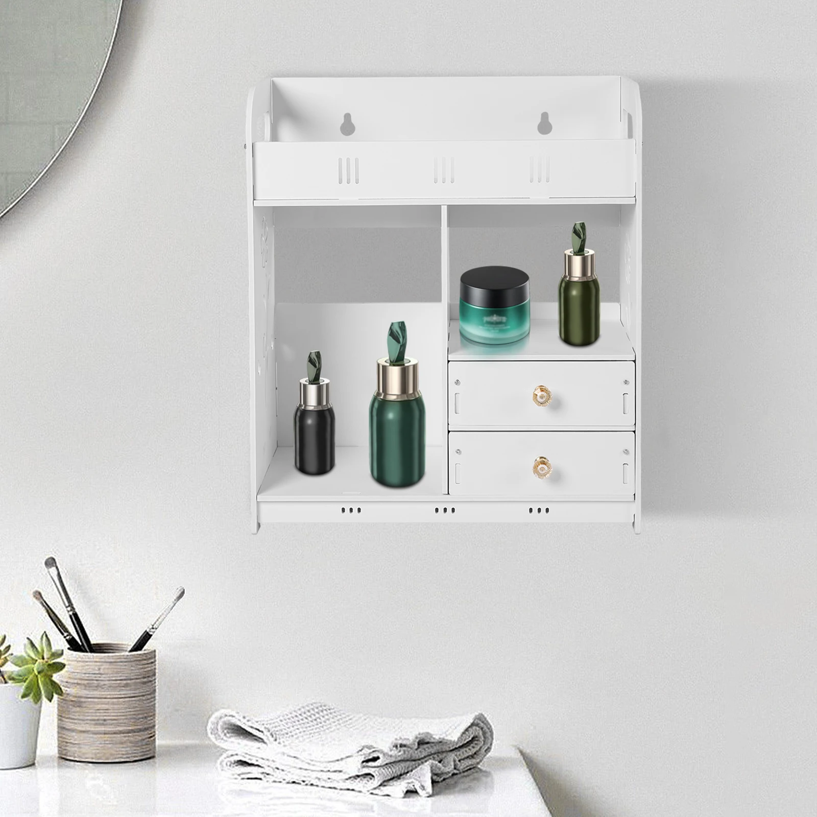 

White PVC Wall Cabinet for Bathroom, 2 Drawers with Crystal Handles, Non-Marking Adhesive Installation, Space-Saving Storage Org