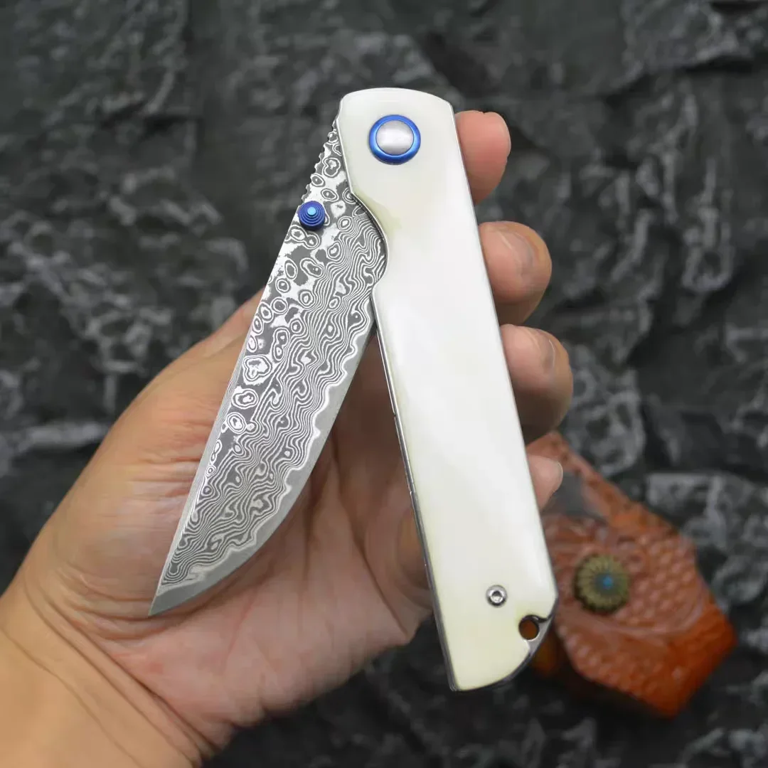 Damascus Steel Pocket Folding Knife Cowbone Handle High Hardness Camping Outdoor Survival Hunting Knife EDC Self Defense Tool