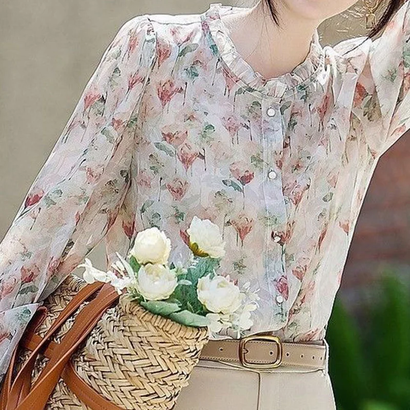 2024 New Summer Oversized Bohemian Retro Korean Style Women\'s Shirt Print Loose Button Lace O Neck Long Sleeve Y2K Chic Tops