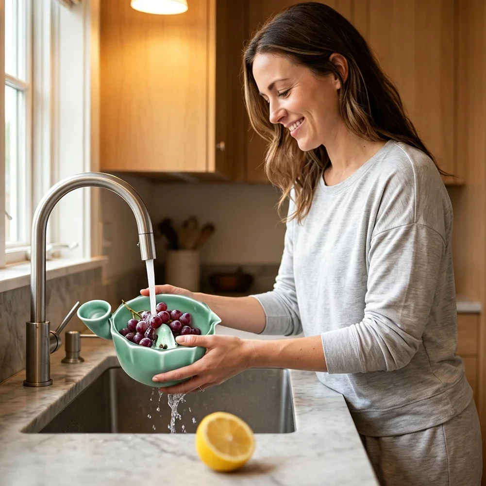 Berry Swirls Bowl Self-Spinning Berry Washing Bowl Ceramic Fruit Washer And Colander Basket For Strawberries Blueberries Grapes