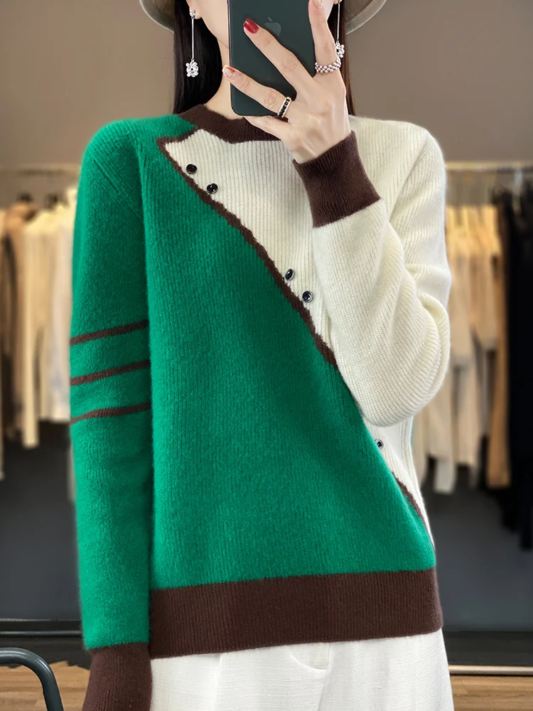 Autumn Winter New 100% Wool Knitted Pullover Women O-Neck Color Match Sweater Long Sleeve Shirt Fashion Loose Warm Thick Tops