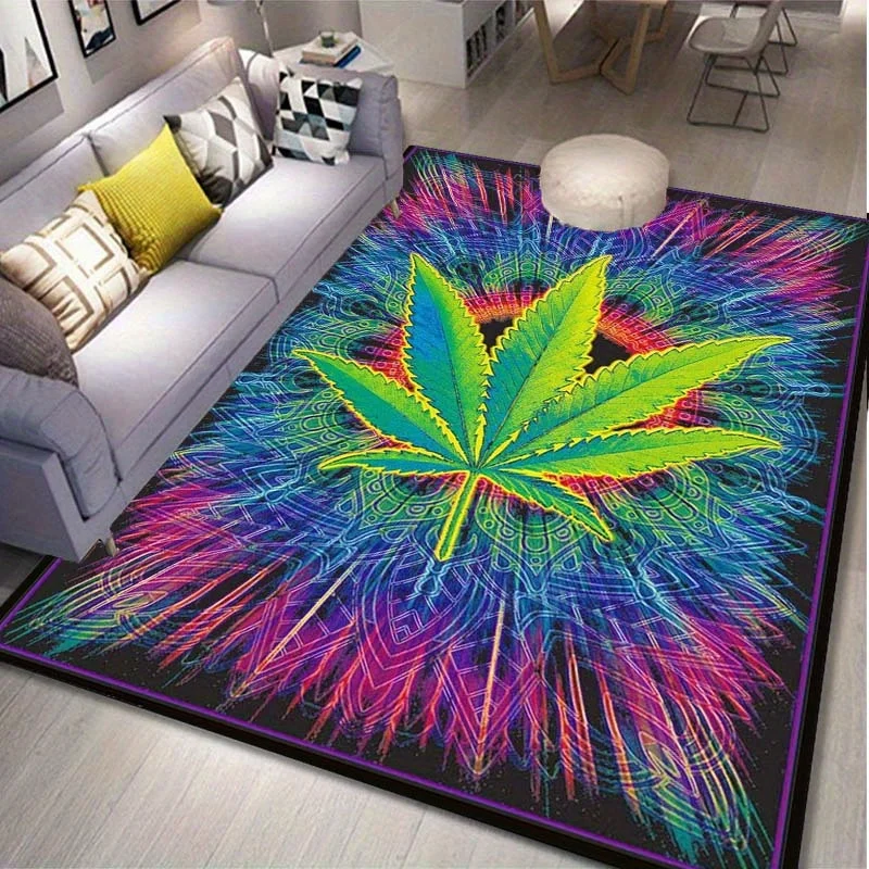 Psychedelic Cannabis Leaf Rug: Vibrant Mandala Design for Boho Rooms | Trippy Hippie Decor | Colorful Weed Themed Carpets