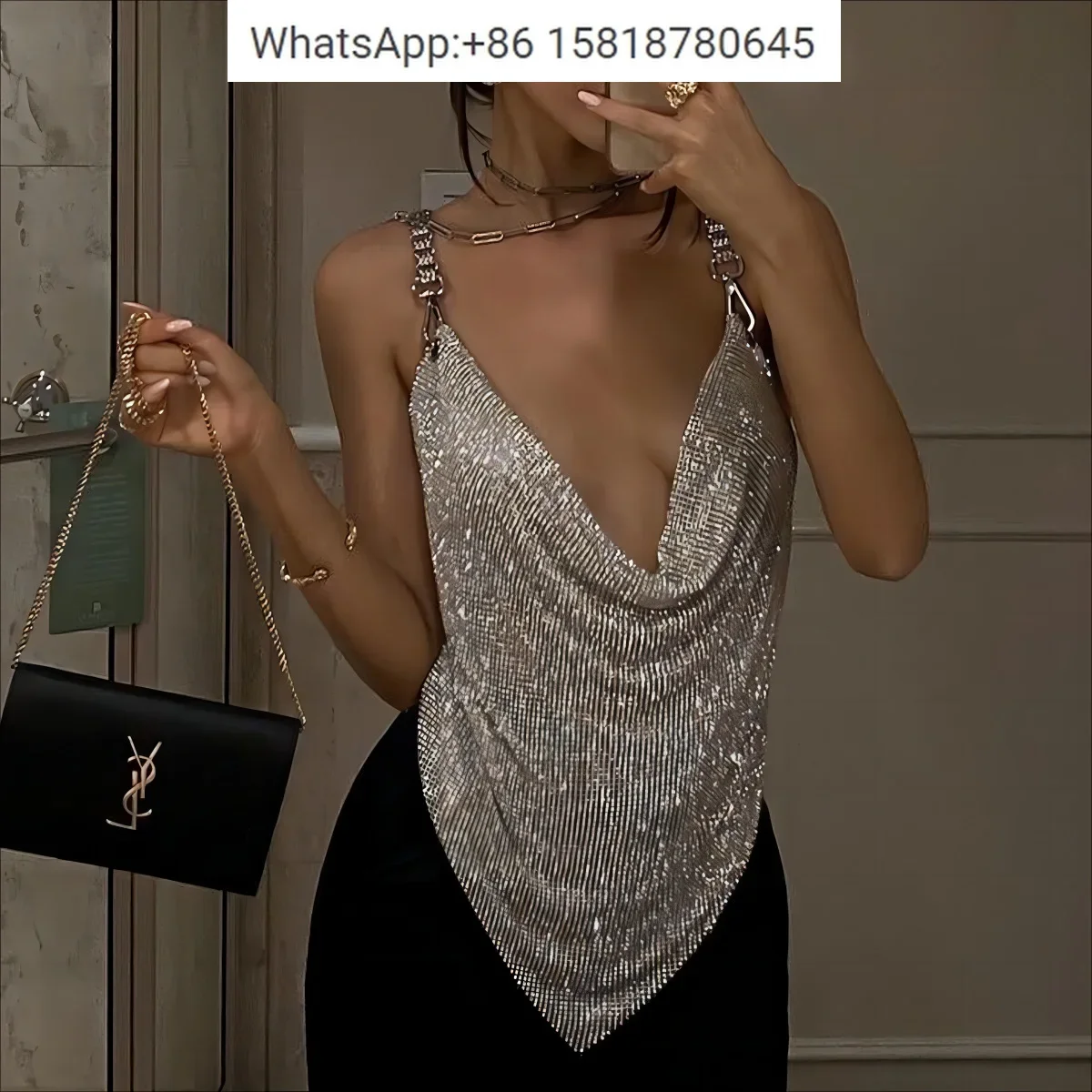 Hot style metal rhinestone top suspenders sexy irregular vest sweet spicy style chain suspenders
