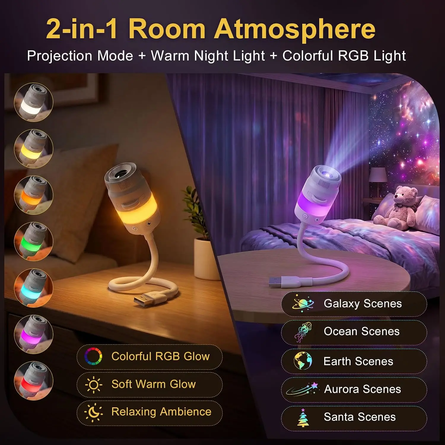 Galaxy Starry Sky Projector LED Night Light 2-in-1 USB HD Holographic Mini Projector Ceiling Bedroom Decor Plug & Play 13 Films