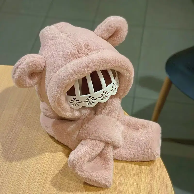 Wintermütze und Schal-Set für Damen und Herren, mit Fleece gefüttert und dick, Plüschmütze mit winddichtem Gehörschutz, süßes Design