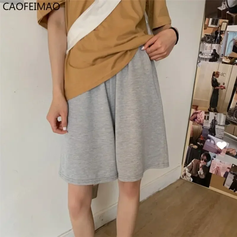 2025 Summer Shorts Women Elasticity Lovely Girls Korean Style Sweet Students Harajuku Simple Pure Gray Oversize Trousers Female