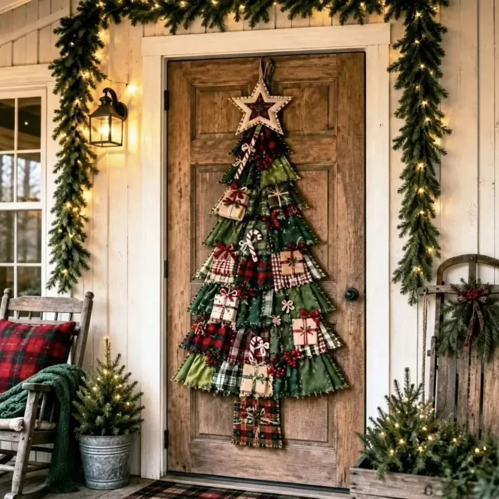 Creative Vintage Patchwork Christmas Tree Door Hanging Hand-Sewn Handmade Oversized Fabric Christmas Tree Plaid Print Cozy Soft