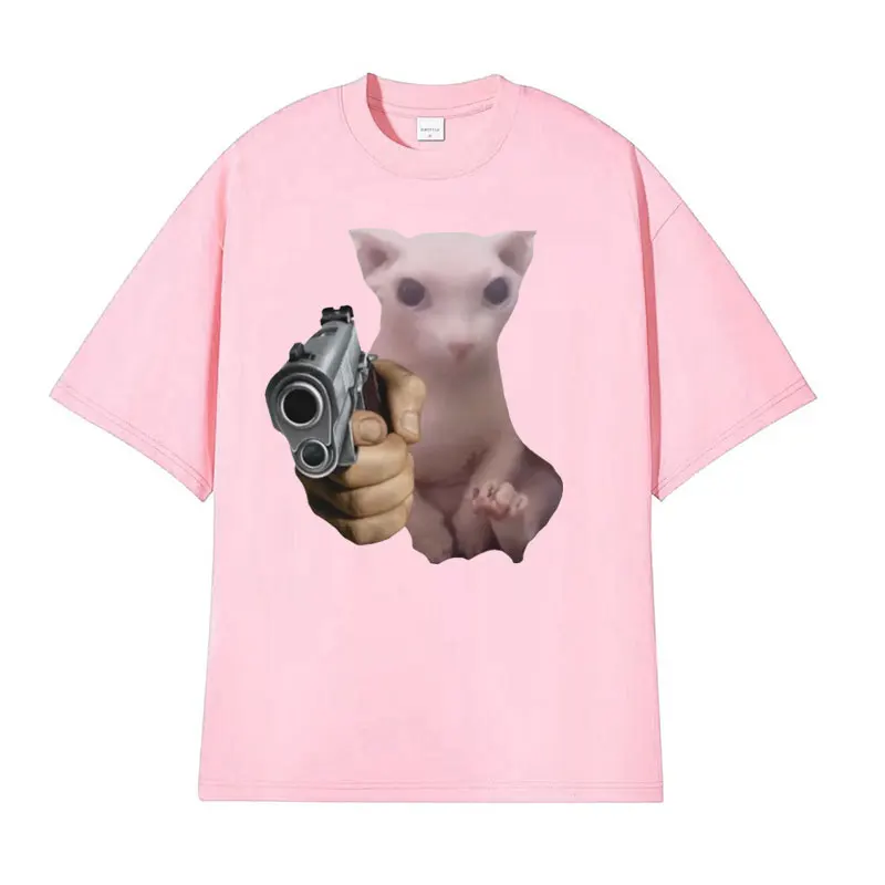 Funny Bingus with Gun Cat Meme Tee Shirt Men Women\'s Casual Harajuku Fashion T-shirts Male 100% Cotton O-Neck Loose T Shirt Tops