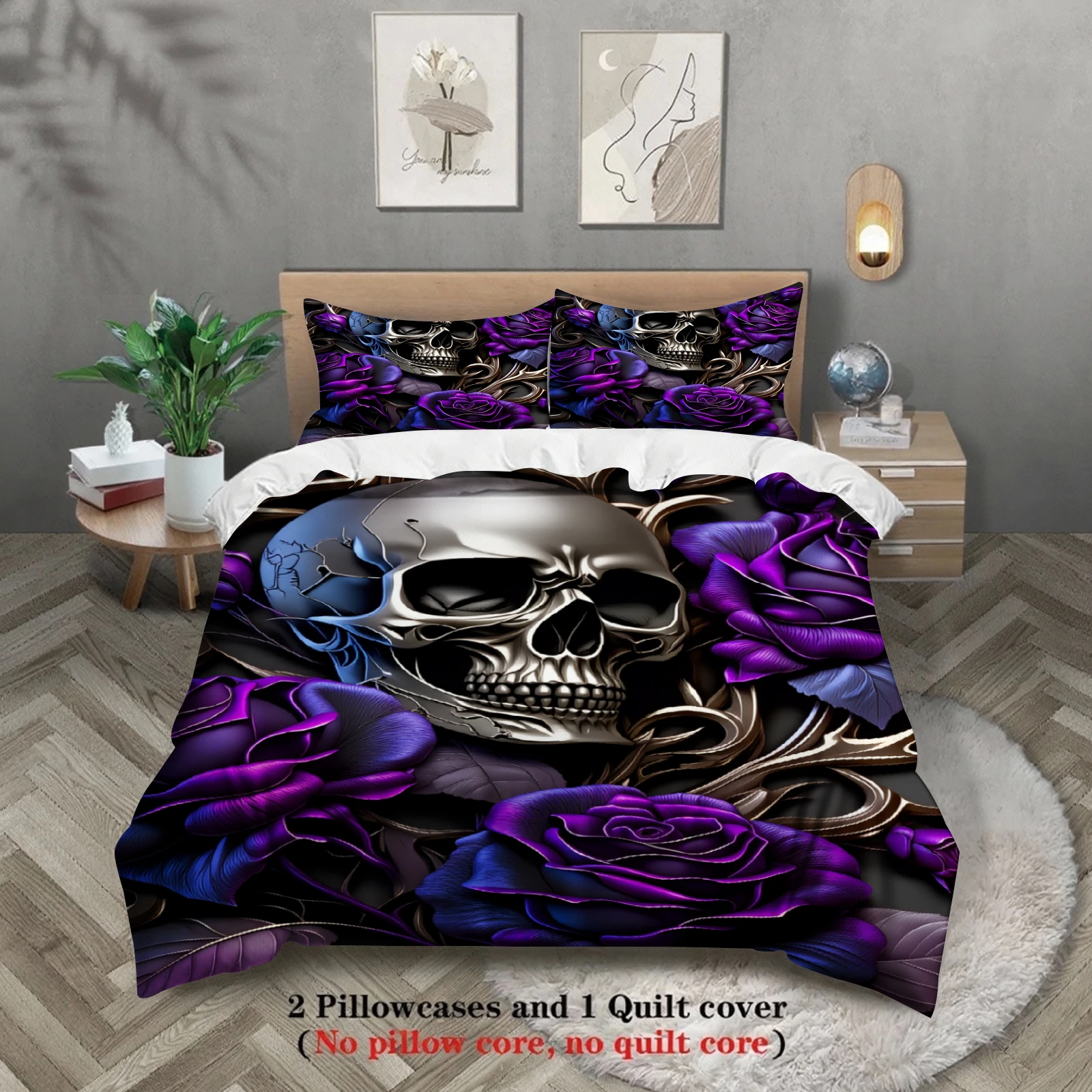 

3pcs Skull And Rose Bedding Sets 3D Printed Gothic Skull With Purple Roses Duvet Cover Sets With Pillowcases No Filling