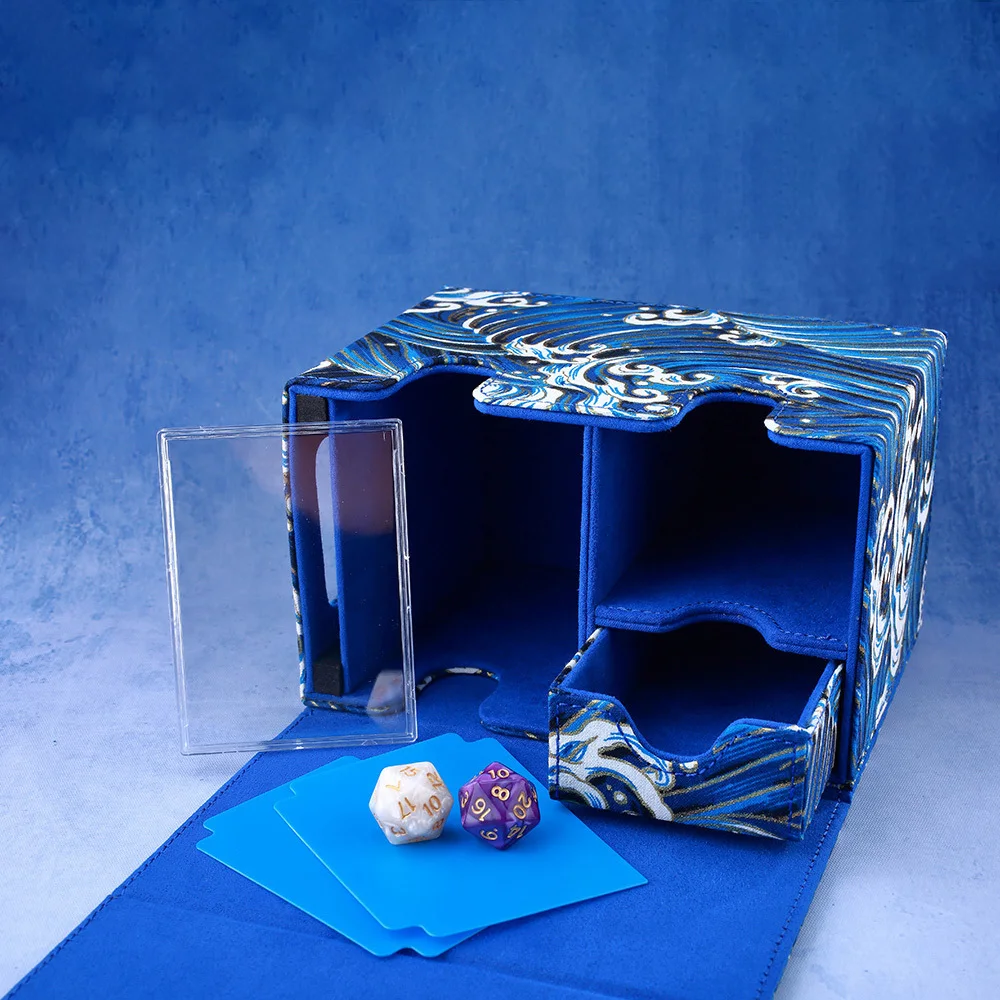 Gacha Deck Box Trading Storage Box TCG Commander Magnetic PU Box Wave Blue Japanese Gold Foil Printing For PTCG YGO Card Gift