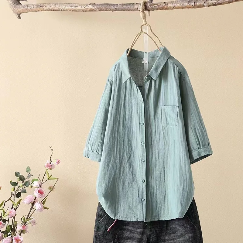 Neue Frühling Baumwollgarn lässig Kurzarmhemd Frauen Revers feste Tops Mädchen lose Retro Pendel blusen 2024 Sommer t458149qc