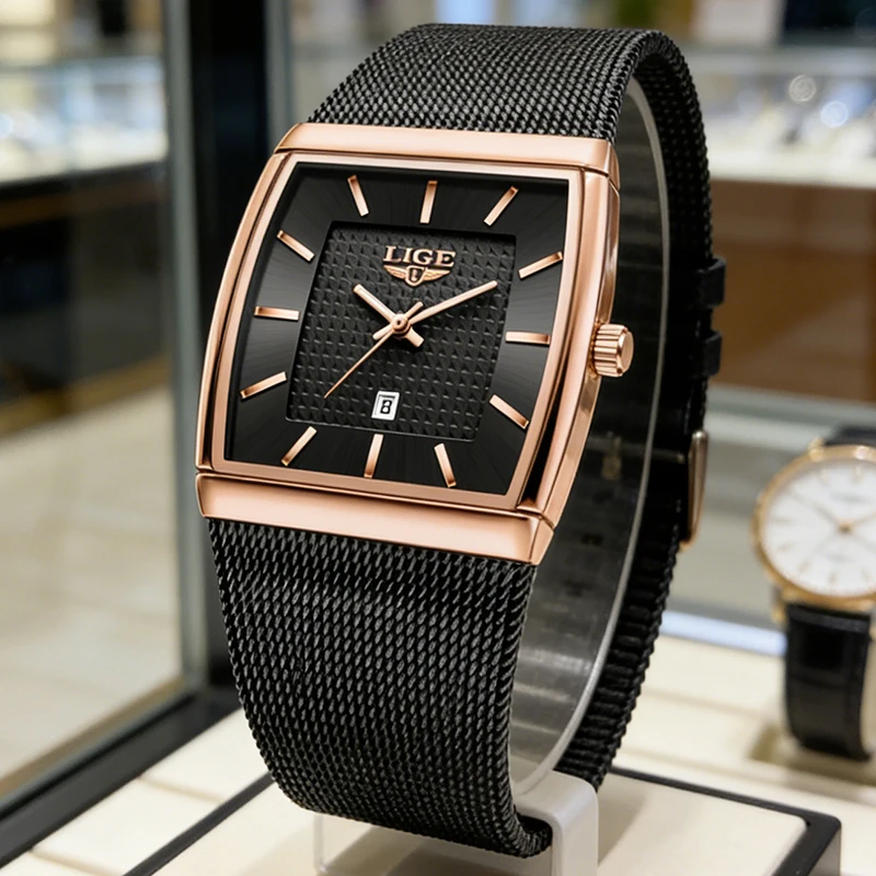 

Мужские часы LIGE: Новинка, модные квадратные, повседневные, люксовые, кварцевые, с сетчатым ремешком, водонепроницаемые, светящиеся, подарок для мужчин, Reloj 2026