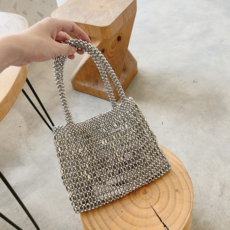 Silver Shiny Bag Handmade Woven Beaded Sequin Bag luxury Designer hobo shoulder bag  Evening clutch Bag Purses