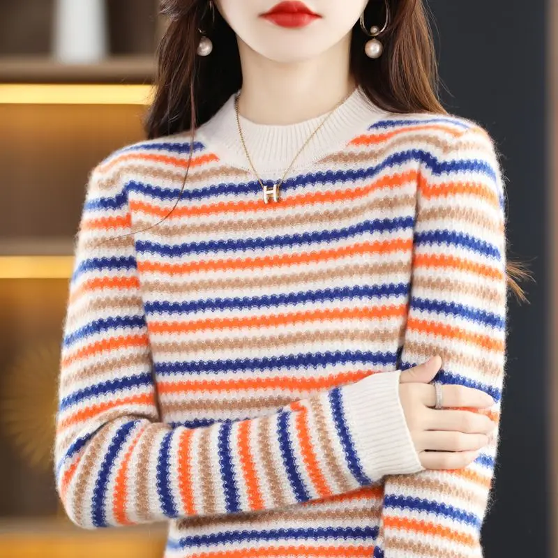 Autumn and Winter Sweater Women's New Style Western Rainbow Stripe Color Blocked Top Knitted Sweater for Outerwear