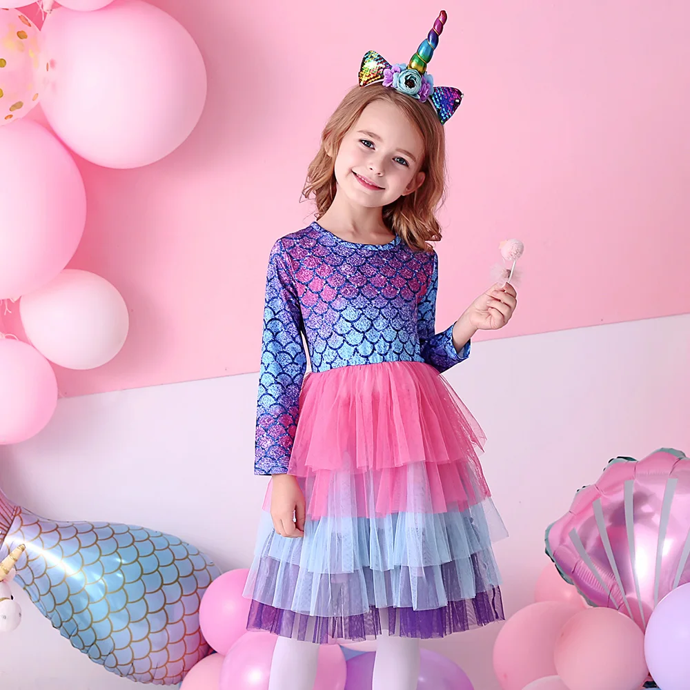 

VIKITA Girls Tutu Princess Dress Kids Mermaid Print Gradient Long Sleeve Dress Girl Performance Birthday Party Dresses Prom Gown