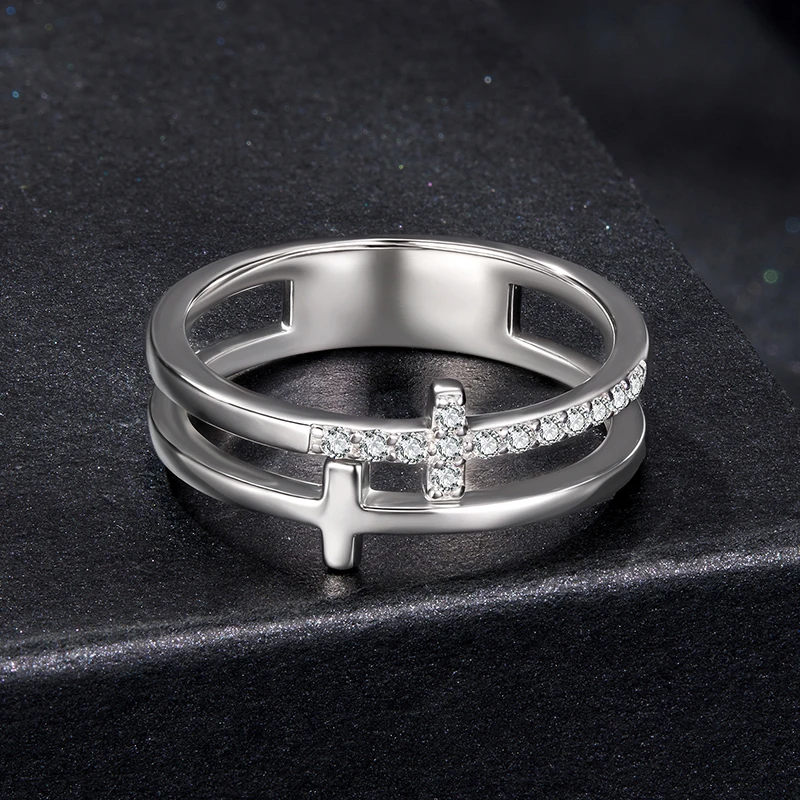 Bamoer U Double Cross Moissanite Ring Stacking Band Ring D Color VVS1 Lab Diamond for Woman Original Wedding Faith Love Gift - Image 5
