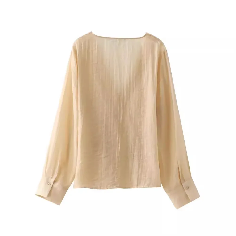 ผ้าฝ้ายผ้าลินินผูกโบว์เสื้อลําลองผู้หญิงแฟชั่นแขนยาว V คอเสื้อหลวม 2024 ฤดูร้อนใหม่หญิง Vocation Street TOP