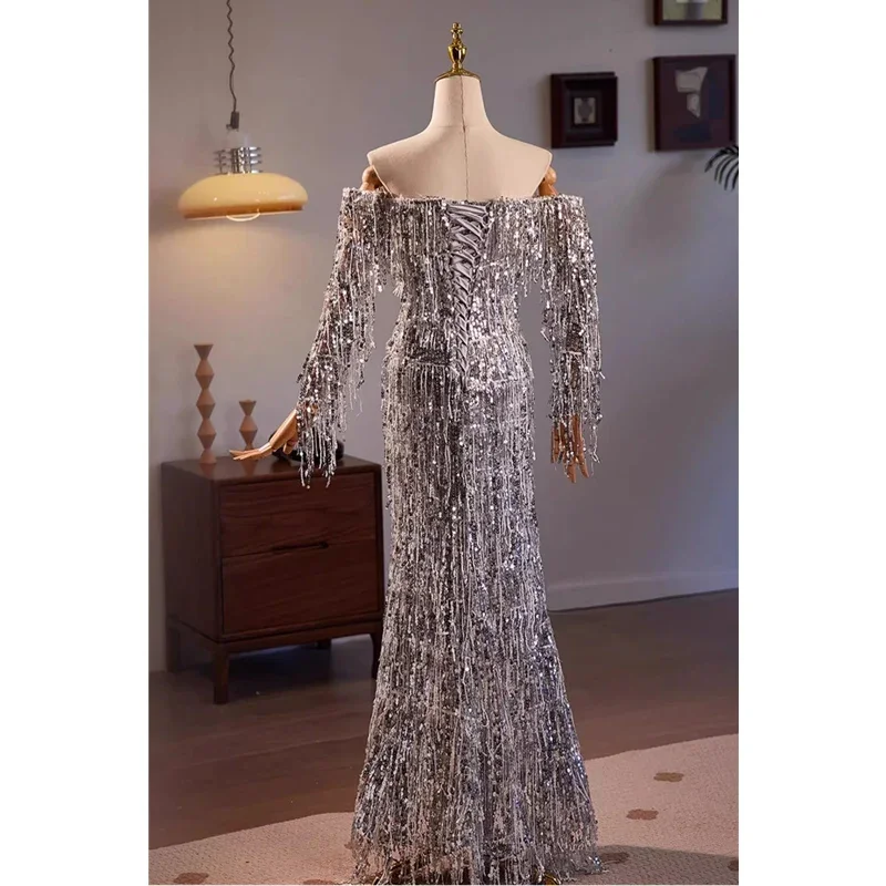 Evening Dress Gray Sequins Tassel Off the Shoulder Full Sleeves Mermaid Trumpet Floor Length Plus size Women Party Formal Gowns