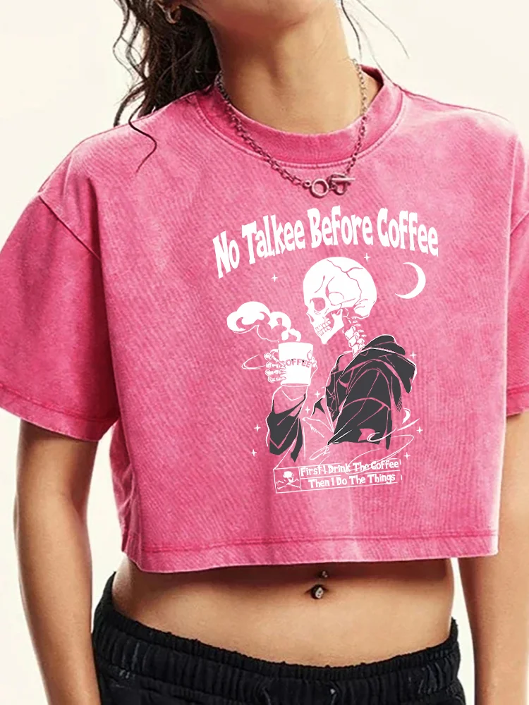 No Talkee Before Coffee Printing Women Washed Short T-Shirt Casual Fashion Street Distress Midriff-Baring Breathable Tshirt