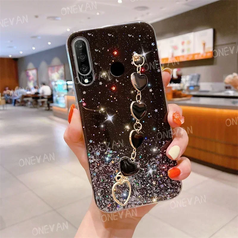 Luxury Glitter สายรัดข้อมือ Love Heart สร้อยข้อมือเคสโทรศัพท์สําหรับ Huawei P30 Lite P20 Mate 20X Y7 Y9 Y6P Y7P Y7A Y9A Y9S ฝาครอบกันชน