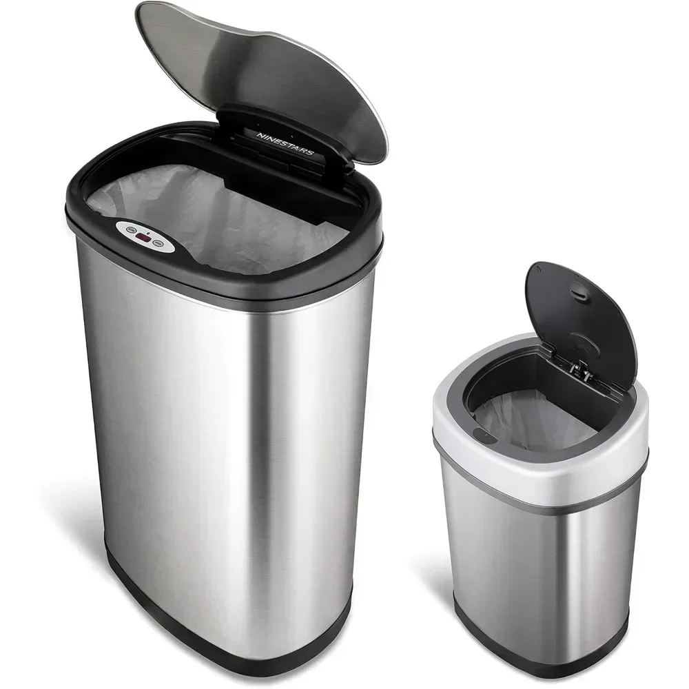

Automatic Touchless Infrared Motion Sensor Trash Can Combo Set, 13 Gal 50L & 3 Gal 12L, Stainless Steel Base Kitchen Trash Cans