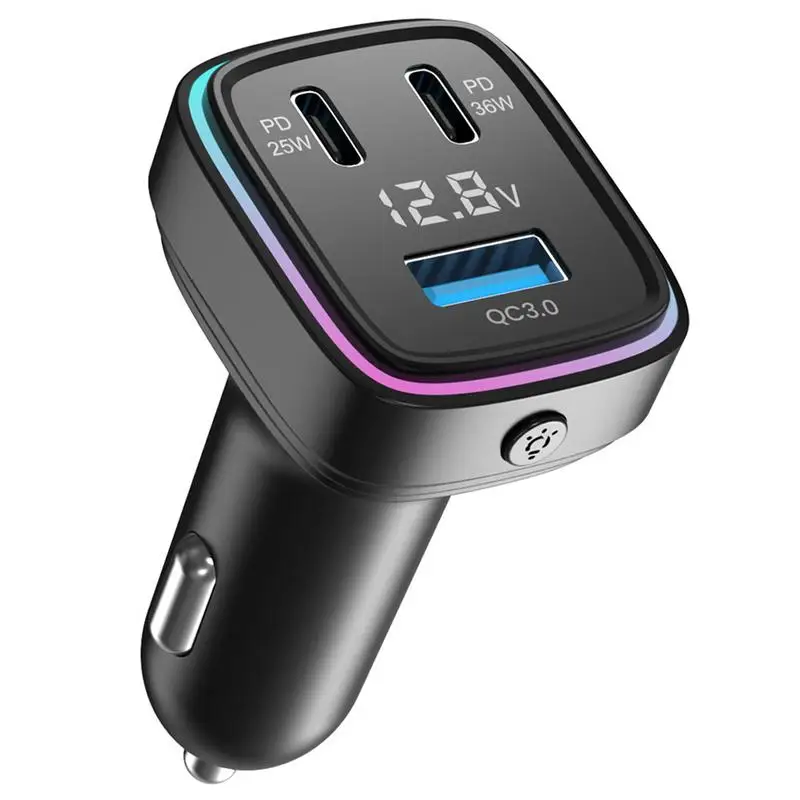 Car Charger Adapter Auto USB C Adapter Phone Charger 61W Eight-Color Colorful Ambient Light Car Adapter 3 Ports Fast Charging