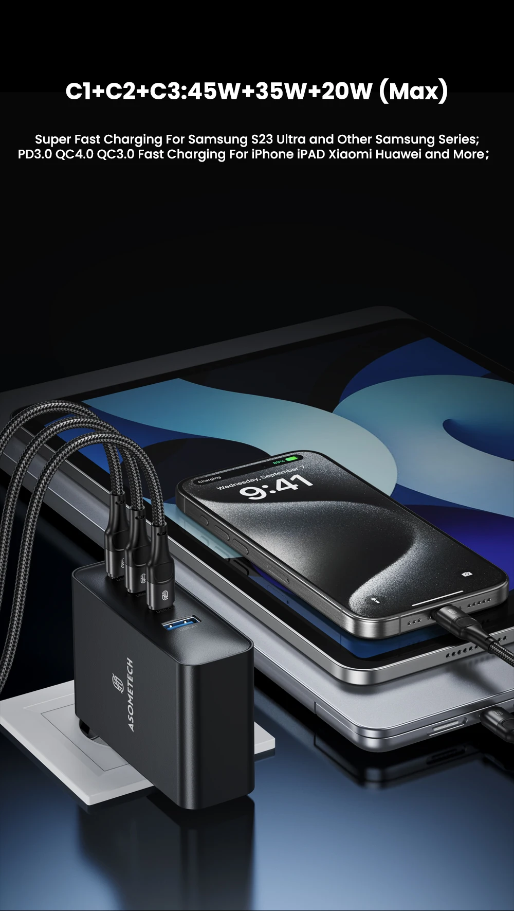ASOMETECH 100 W USB-Ladegerät GaN-Ladegerät für MacBook Laptop Schnellladung für Samsung Xiaomi USB Typ C PD-Aufladung für iPhone 15 14 – Detail 4