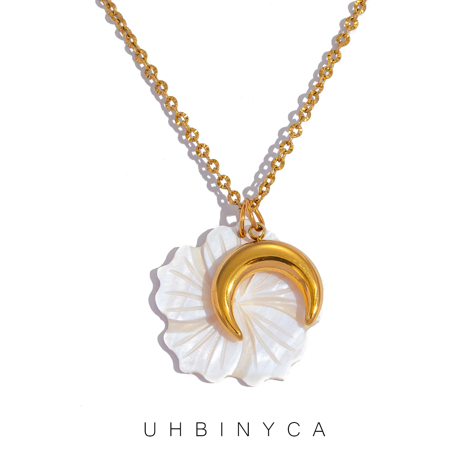 UHBINYCA Shell Flower Moon Charms Necklace for Women, Stainless Steel Waterproof Hypoallergenic Personalized Daily Wear Jewelry