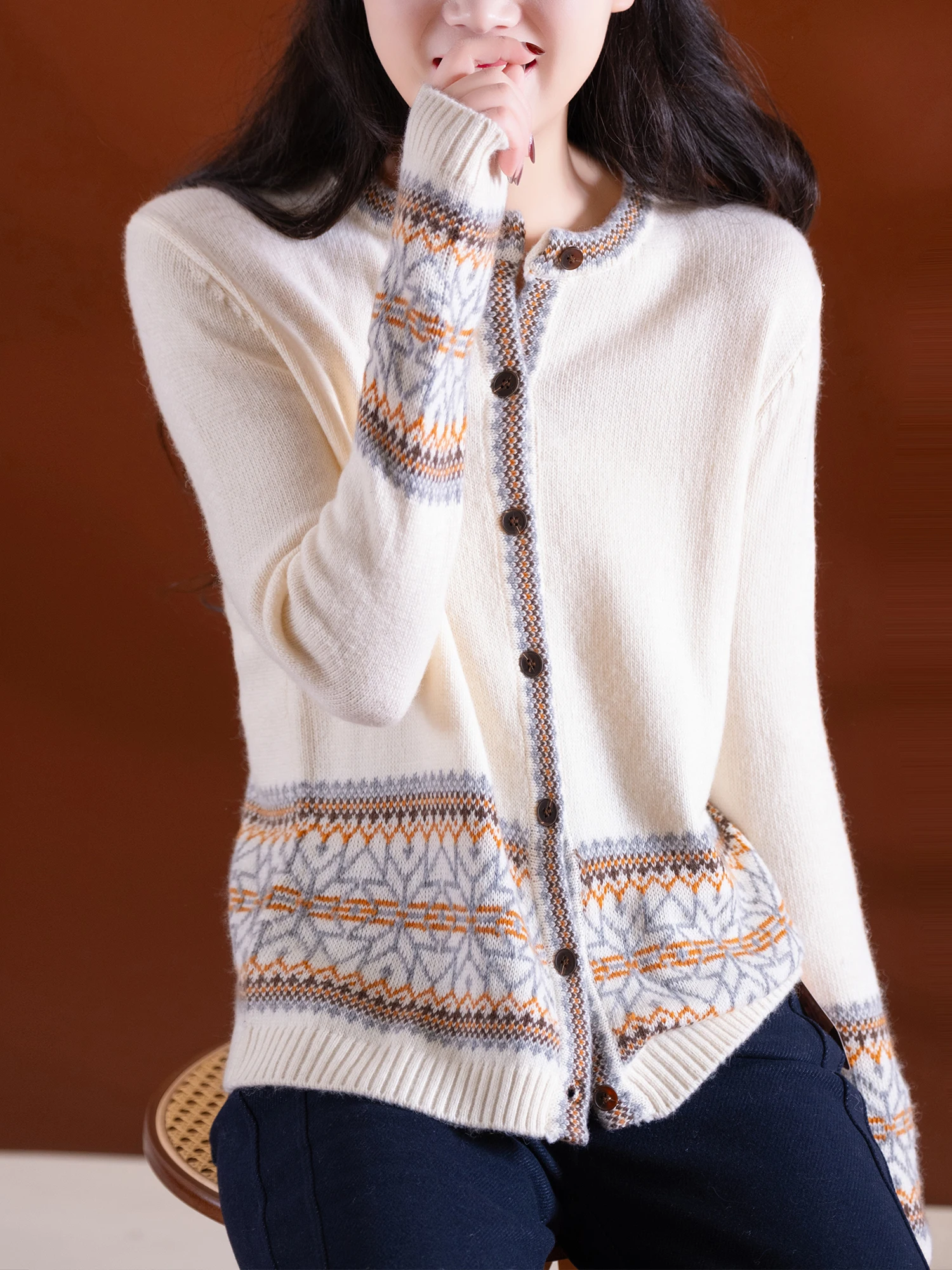 

Теплый вязаный кардиган из тяжелой шерсти с круглым вырезом и мехом кролика, повседневный, мягкий, из смесового нейлона, длинный пальто-свитер для женщин