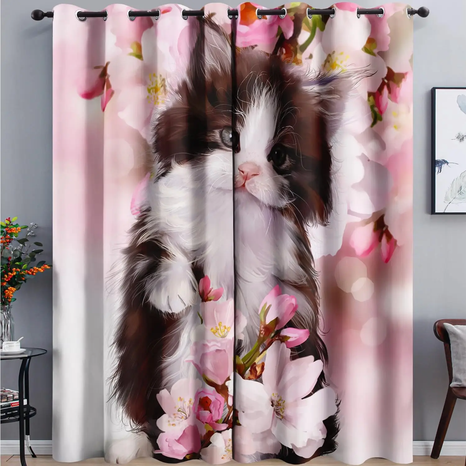 AILONEN Cute Kitten Window Curtain, 3D Cat Drapes Curtains for Bedroom Living Room,Pink Sakura Cow Cat Window Treatments Drapes