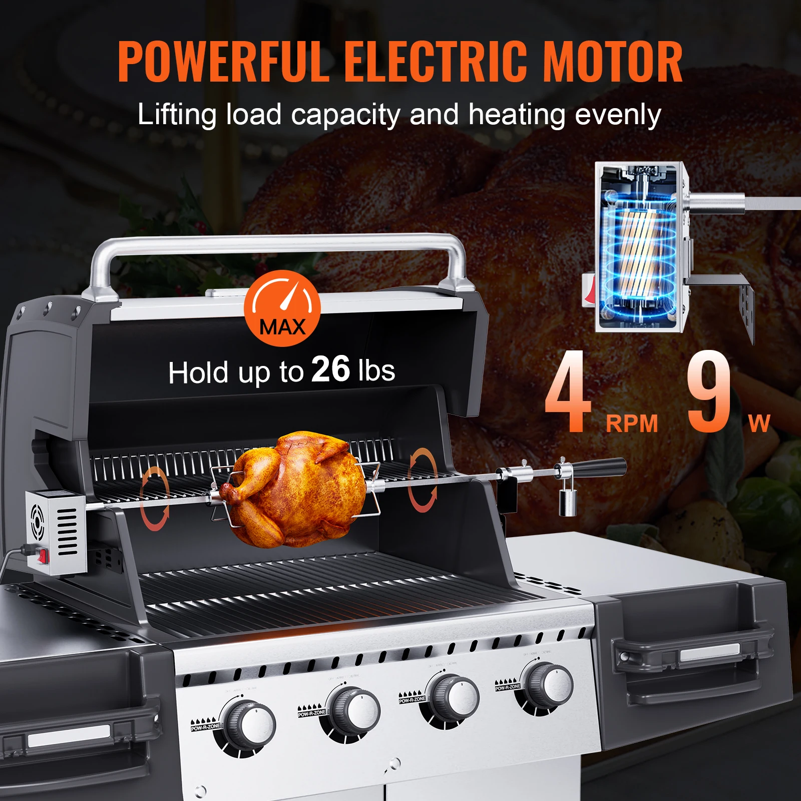 VEVOR-Kit Rotisserie Universal Grill para Grelhadores, Churrasqueira Elétrica com Motor 9W, Kit Grelhador Automático em Aço Inoxidável