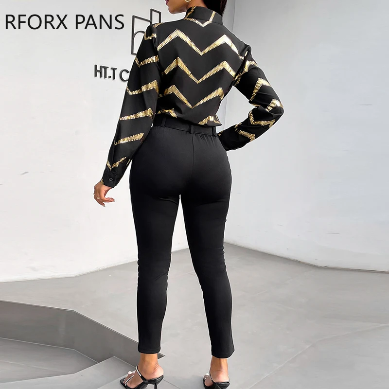 Women Allover Print Shirt Tops & Solid Bottoms with Belts  Formal&Working Ankle Length Pants Set