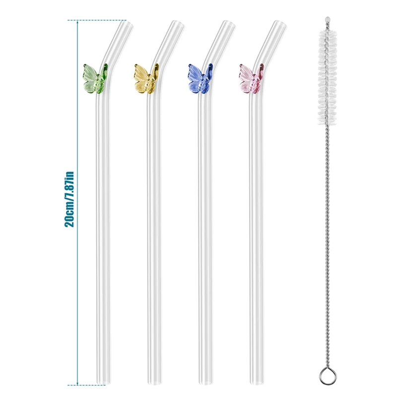 Reusable Butterfly Glass Straws Bar Tools For Smoothies Cocktails Tea Coffee Juicy Drinking Eco Friendly Drinkware with Brush