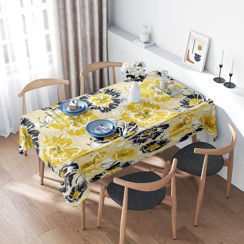 

Modern Nordic Floral Tablecloth Yellow Black Print Suitable for Home Dining Room Decor 100% Cotton Brighten Up Your Space with T