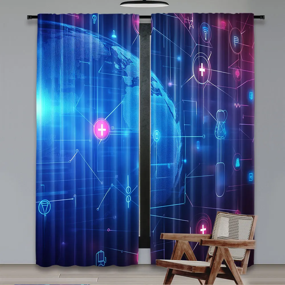 2Pcs Global Network Connection Analysis Curtains Blue Futuristic Curtains Suitable For Modern Office Living Room Bedroom