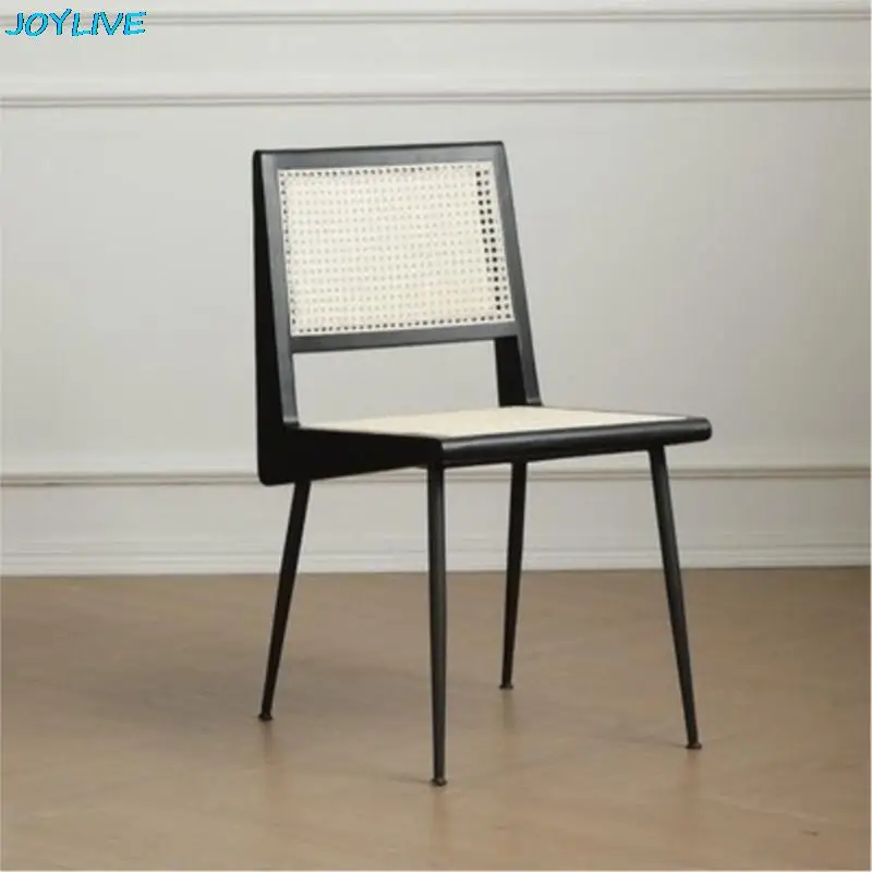 JOYLIVE Rattan Dining Chair Simple Solid Wood Back Chair Log Stainless Steel Chair Japanese Style Warm Living Home Use Furniture