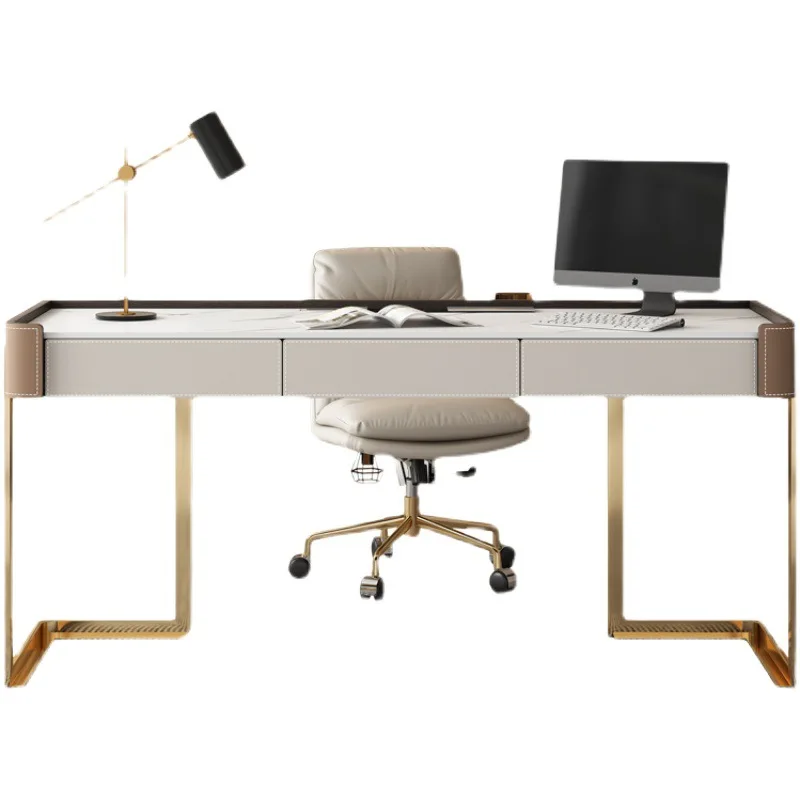 

Desk light luxury study rock slab saddle leather desk Italian modern minimalist designer desk straight row