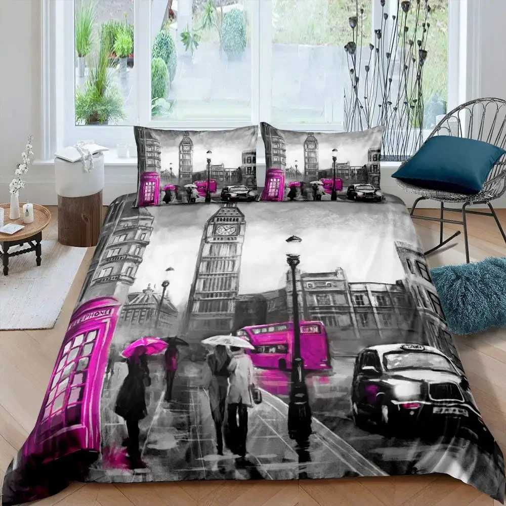 London Telephone Booth King Queen Duvet Cover The Big Ben Bedding Set Retro United Kingdom Quilt Cover Red Grey Comforter Cover