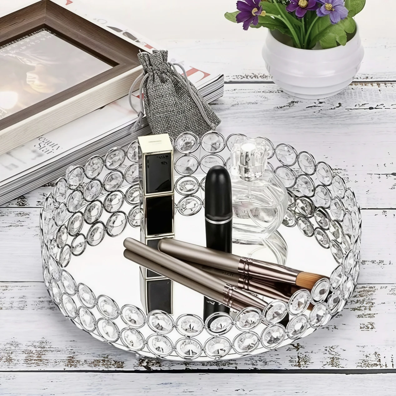 Crystal Decorative Vanity Tray Gold Silver Round Mirror Glass Cosmetic Storage for Makeup Perfume Jewelry Skincare Table Decor
